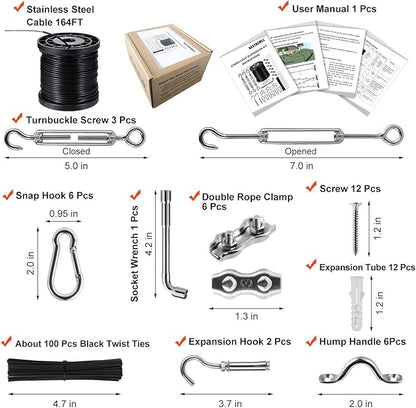 String Lights Hanging Kit,Globe String Lights Suspension Kit,Outdoor Light Guide Wire,Includ 164 FT Nylon-Coated Stainless Steel Wire Rope Cable,Turnbuckle and Hooks,Enough Accessories,Use Manual