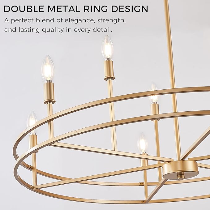 Brushed Gold Chandelier Light Fixture 9-Light Round Dining Room Chandelier Over Table Brass Chandeliers Lighting for Master Bedroom 35in Metal Chandeliers for Living Room Foyer Bathroom