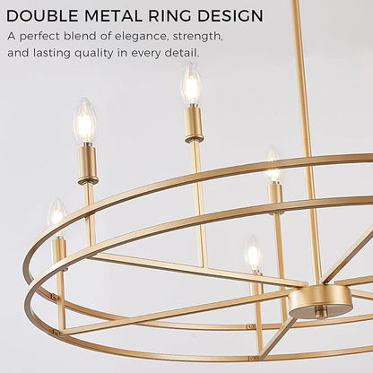 Brushed Gold Chandelier Light Fixture 9-Light Round Dining Room Chandelier Over Table Brass Chandeliers Lighting for Master Bedroom 35in Metal Chandeliers for Living Room Foyer Bathroom