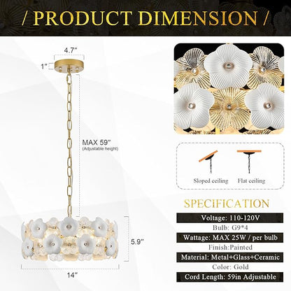 Flower Elegant Glass Chandeliers 4-Lights Modern Gold 14" Pendant Light Fixture for Kitchen Island Dining Room Bedroom Entryway Hallway, G9