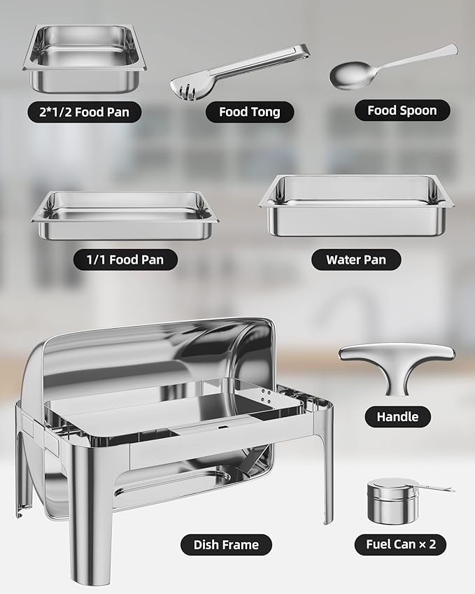 Takywep 9QT Rectangular Roll Top Chafing Dish Buffet Set,Catering Food Warmer with 1 Full Size & 2 Half-Size Pans for Parties Catering