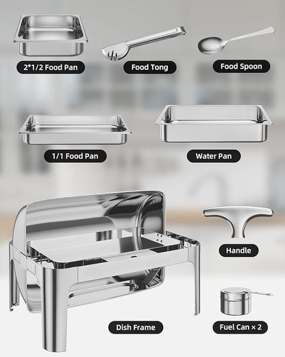 Takywep 9QT Rectangular Roll Top Chafing Dish Buffet Set,Catering Food Warmer with 1 Full Size & 2 Half-Size Pans for Parties Catering