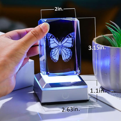 3D Crystal Butterfly for Mom Women or Men, Laser Etched Glass Butterfly Figurine Decor Stuff with Colorful LED Base Nature Lovers Keepsakes Paperweight Gifts for Birthday