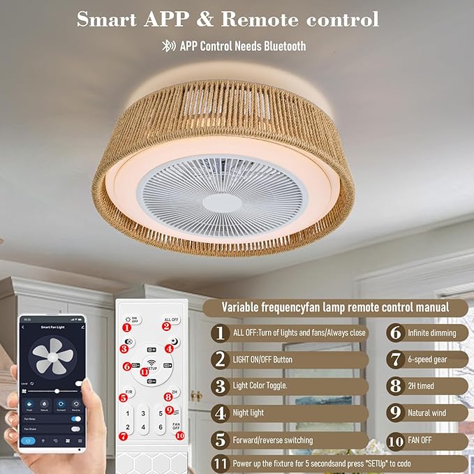 21.5" Boho Caged Ceiling Fan with Lights Farmhouse Rattan Flush Mount Fandlier Light Hanwoven Paper Rope Fan Chandelier with Remote Reversible for Bedroom Dining Study Living Room Kitchen Entry