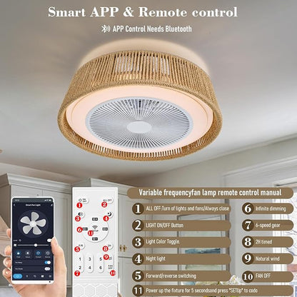 21.5" Boho Caged Ceiling Fan with Lights Farmhouse Rattan Flush Mount Fandlier Light Hanwoven Paper Rope Fan Chandelier with Remote Reversible for Bedroom Dining Study Living Room Kitchen Entry