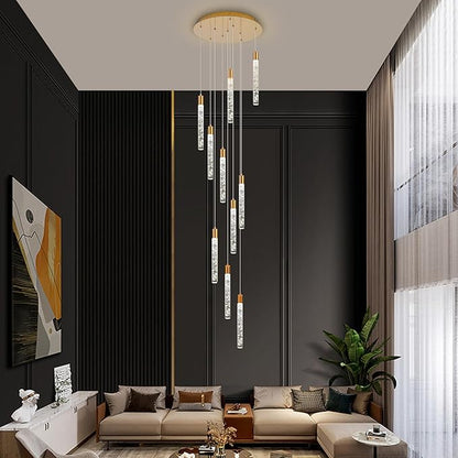 GEADI Modern LED High Ceiling Chandelier with Remote Control,10 Lights Crystal Foyer Chandeliers for High Ceilings,Gold Dimmable Long Pendant Light for Staircase Entryway Living Room