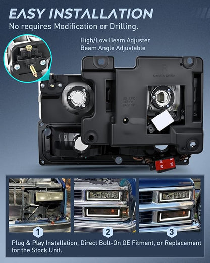 Nilight DRL Headlight Assembly Compatible with 1988 1989 1990 1991 1992 1993 1994 1995 1996 1997 1998 Chevrolet GMC C10 C/K 1988-1999 Silverado Suburban Sierra Blazer Tahoe Yukon Black Housing