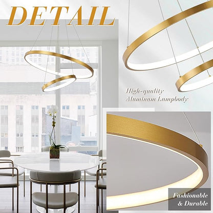 Gold LED Ring Chandeliers Modern 2-Ring Chandelier Dimmable Flush Mount Pendant Light Fixture Remote Control Contemporary Pendant Chandelier for Dining Room Bedroom Foyer (23.6"+11.8")