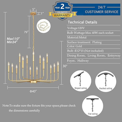 Gold Chandeliers for Dining Room Light Fixture Over Table, Modern Farmhouse Chandeliers for Living Room,15-Lights Industrial Metal Candle Lighting Fixtures for Entryway Kitchen Island Foyer