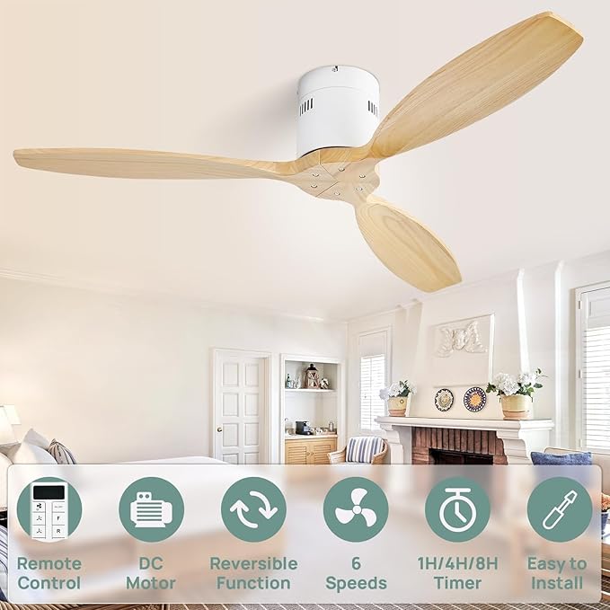 Sofucor 52 Inch Smart Ceiling Fan Without Light Flush Mount Solid Wood Ceiling Fan with Alexa/Google/APP/Remote Control-Modern Outdoor Ceiling Fans No Light for Bedroom/Patio/Indoor,Natural Wood&White