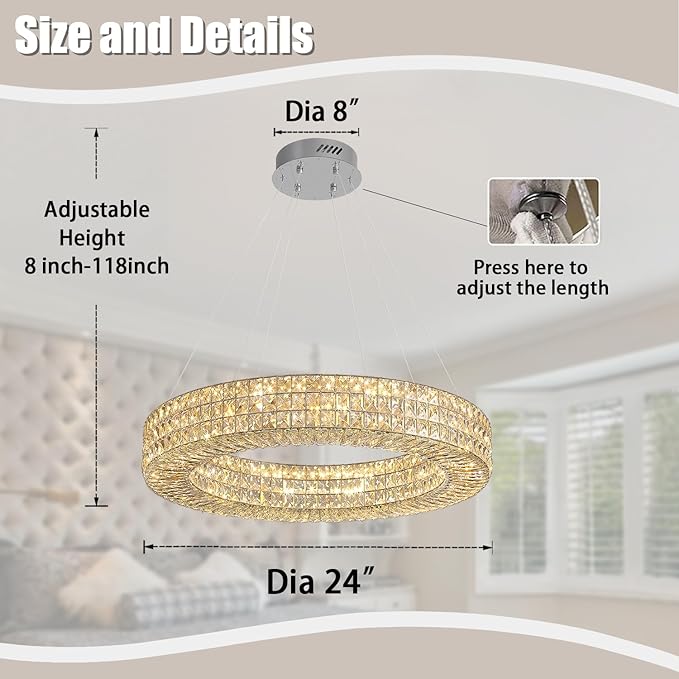 ykolupty Dia 24" Modern Crystal Chandelier Silver Ring Chandelier Adjustable Height Luxury Crystal Pendant Ceiling Light Fixture for Dining Living Room Bedroom
