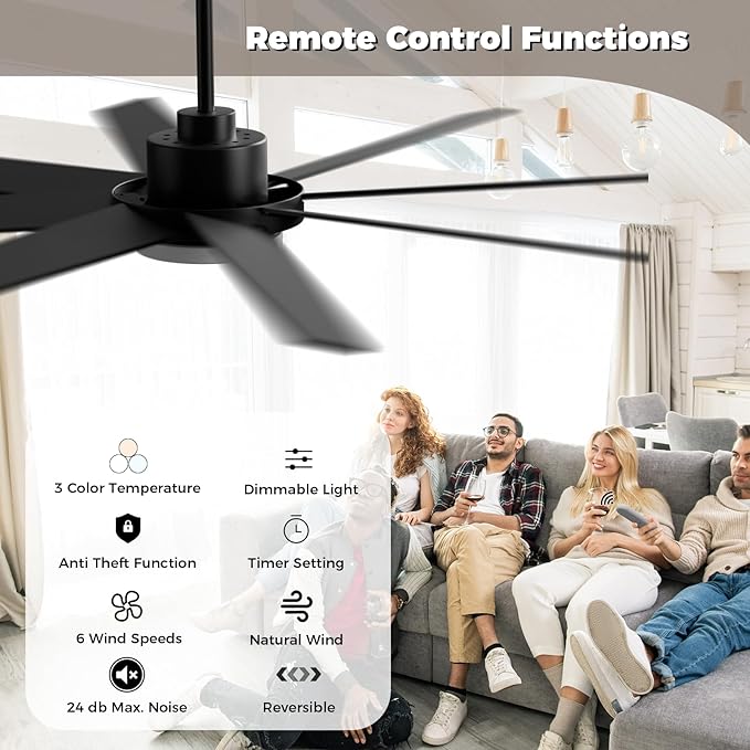 72 Inch Ceiling Fan with Light and Remote Smart App, 8-Blade Large Ceiling Fan for Living Room Patio, Quiet DC Motor Natural Breeze Circulation, Wobble-Free Heavy Duty, 3CCT Dimmable, Black Modern Fan