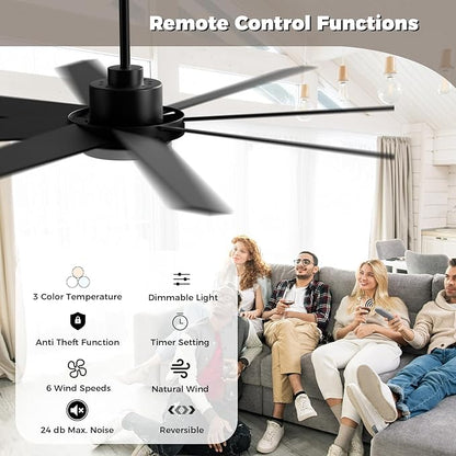 72 Inch Ceiling Fan with Light and Remote Smart App, 8-Blade Large Ceiling Fan for Living Room Patio, Quiet DC Motor Natural Breeze Circulation, Wobble-Free Heavy Duty, 3CCT Dimmable, Black Modern Fan