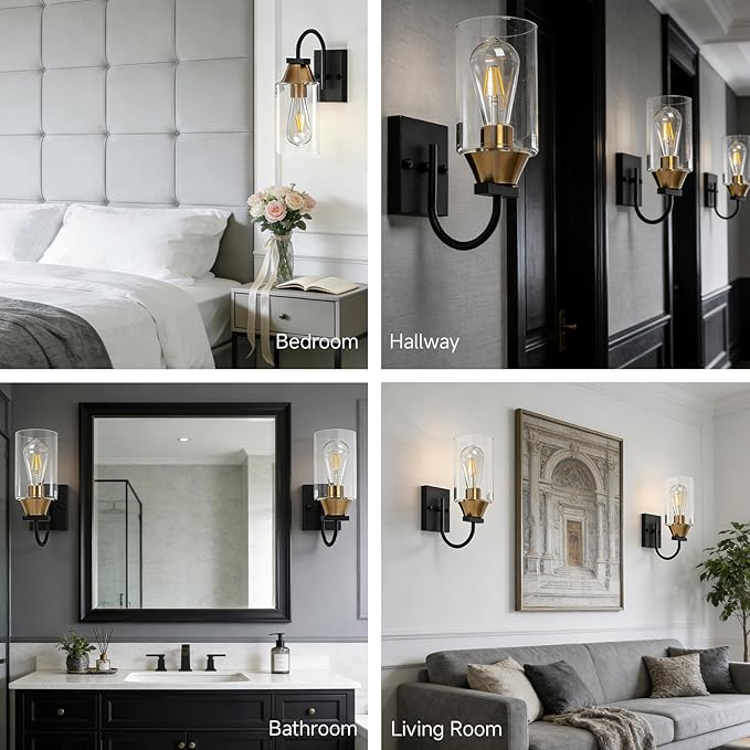 Bathroom Wall Sconces Set of 2,Black and Gold Farmhouse Lantern Sconces Set of 2,Side Light for Wall,Modern Hallway Wall Light(2 Pack) No Bulbs