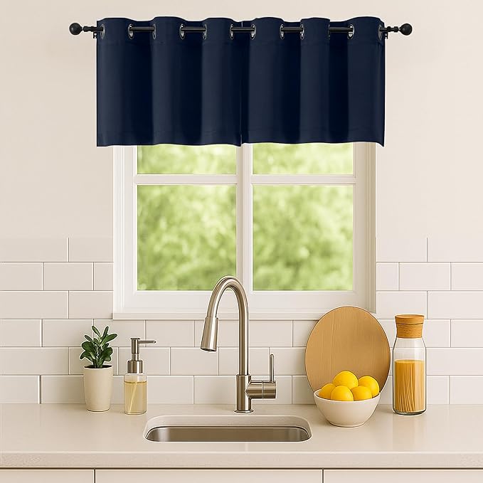 Simplebrand Navy Blue Kitchen Valances for Windows 18 Inches Long 2 Pack, Room Darkening Window Valances for Living Room, Grommet Short Straight Drape Kitchen Curtains for Bedroom Kids Room, 40Wx18L