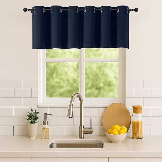 Simplebrand Navy Blue Kitchen Valances for Windows 18 Inches Long 2 Pack, Room Darkening Window Valances for Living Room, Grommet Short Straight Drape Kitchen Curtains for Bedroom Kids Room, 40Wx18L