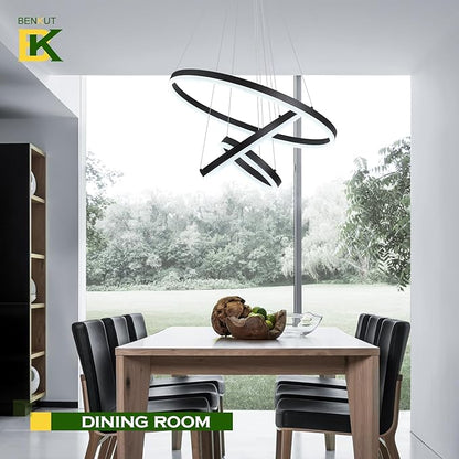 Benkut 3-Rings Modern LED Chandelier Black Dimmable Pendant Lighting with Remote Control Circular Flush Mount High Ceiling Light for Dining Room Living Room Entrance Foyer, 3000K-6500K D23.6in