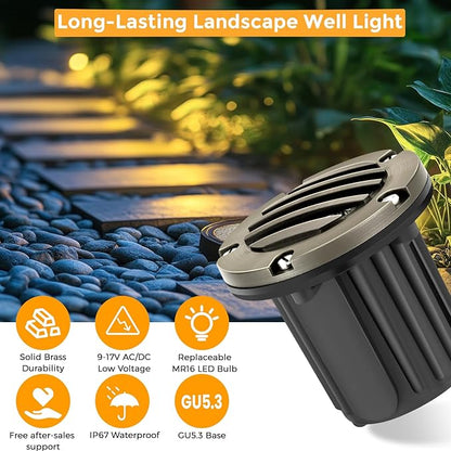 Gardencoin Brass Low Voltage Landscape Well Lights (5" Cover, 5.5" Tall), 12V LED Wired In-Ground Outdoor Up Lighting Fixture Waterproof, Adjustable Beam Direction Base, Without MR16 Bulb (4 Pack)