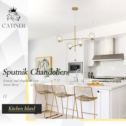CATINER 4 Lights Gold Sputnik Chandelier, Modern Large L31 '' Mid Century Long Ceiling Pendant Light Fixtures with Clear Glass Globe Shades for High Ceiling Living Room Foyer Dining Room Bedroom