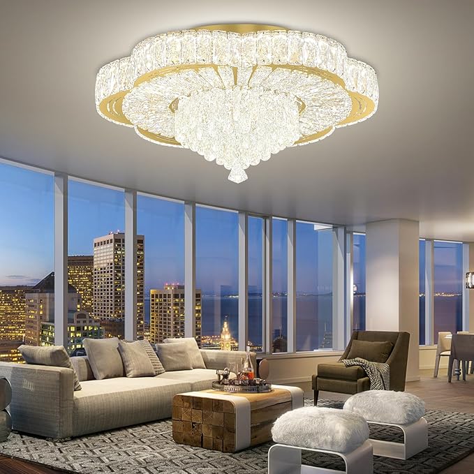 24in Gold Crystal Chandeliers for Living Room Dining Room Crystal Ceiling Light Fixtures Modern LED Flush Mount Light Dimmable 2700k-6000k