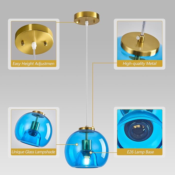 Blue Glass Pendant Lights Kitchen Island Gold Hanging Light Fixture Glass Globe Pendant Light Modern Pendant Lighting for Kitchen Island Bedroom Dining Room (7.87", 2 Pack)