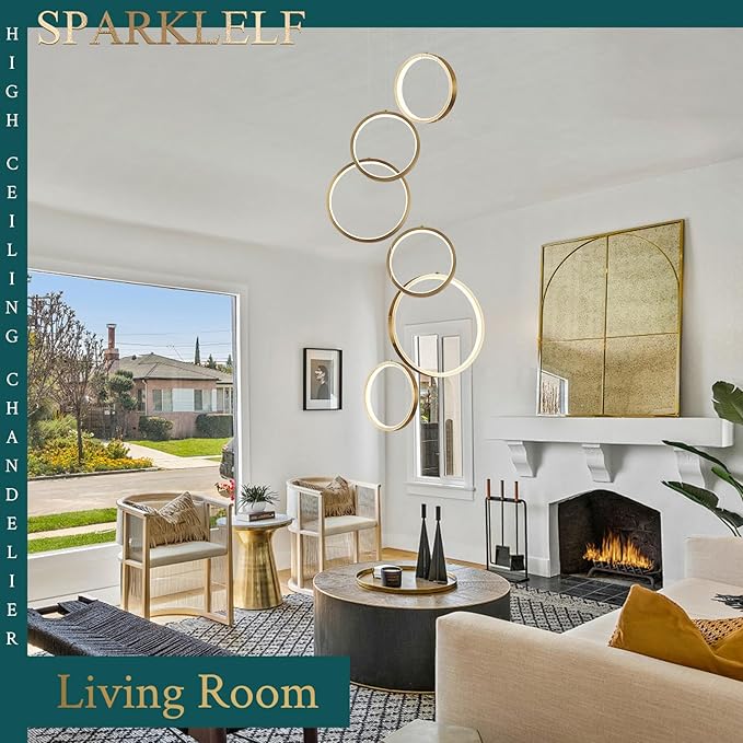 6 Rings Modern LED Chandelier for High Ceiling Dimmable Gold Contemporary Pendant Light Fixture Long Foyer Chandelier for Entryway Staircase Dining Room Living Room, 3000-6500K