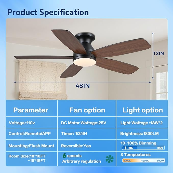 JSAITEE 48" Ceiling Fans with Lights Low Profile - Flush Mount Ceiling Fan with Light and Remote, 6 Wind Speeds Reversible, Quiet, 3CCT Dimmable, Fan Light for Modern Indoor, Bedroom, Kitchen, Brown