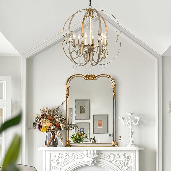Sphere Crystal Chandeliers for Dining Room Light Fixture, 6-Light 26 Inch Antique Silver Vintage Bronze Chandelier for Kitchen Island, Living Room, Foyer, Staircase, Entry, Villa