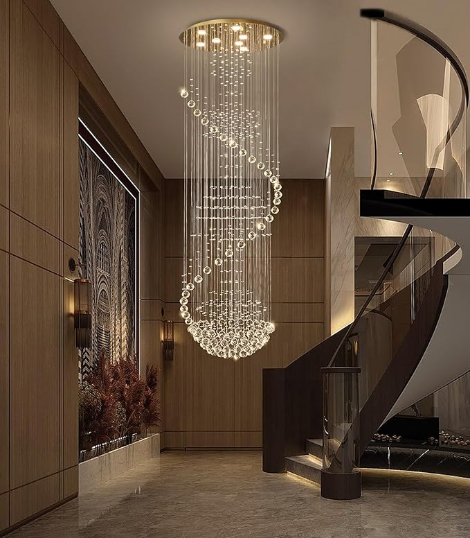 78'' Crystal Chandelier High Ceiling Chandeliers for Staircaes Large Raindrop Chandeliers LED Dimmable Flush Mount Light Fixtures for Foyer Hallway Entryway LED Bulbs Included Gold