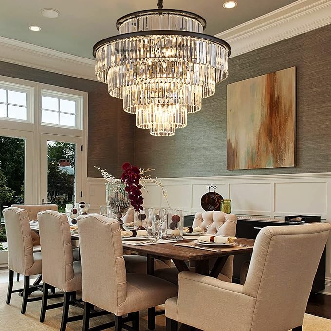 35" 24-Light Modern Crystal Chandelier Light Fixture Large 6-Tier Black Luxury Chandeliers for Dining Room Round Hanging Pendant Lighting for Living Room Kitchen Entryway Bedroom Foyer Lobby