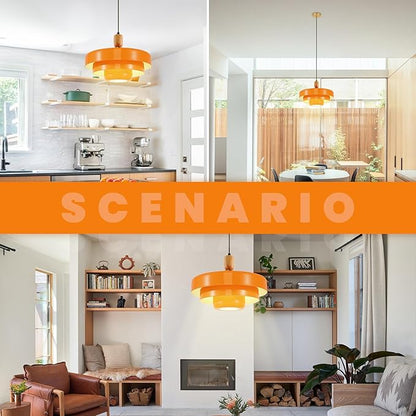 Orange Pendant Light with Wooden Dome, 3-Layer Metal Shade Mid Century Chandelier, Minimalist Industrial Hanging Light for Dining Room, Farmhouse Sink, Office