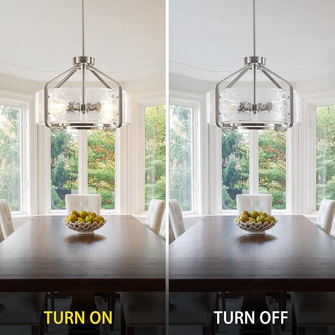 Luupyia 17.7 Inches Glass Drum Chandelier, 4Lights Modern Glass Chandeliers, Height Adjustable Nickel Drum Crystal Chandeliers Pendant Light Dining Room Kitchen Entryway Chandelier for Foyer