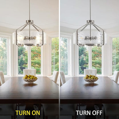 Luupyia 17.7 Inches Glass Drum Chandelier, 4Lights Modern Glass Chandeliers, Height Adjustable Nickel Drum Crystal Chandeliers Pendant Light Dining Room Kitchen Entryway Chandelier for Foyer