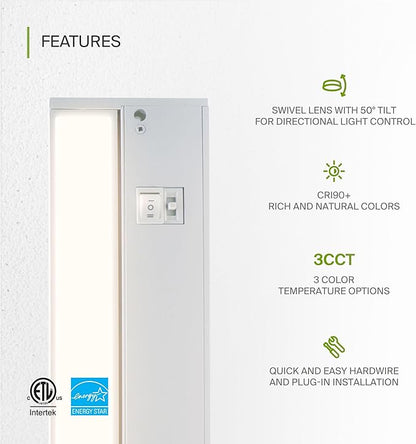 ASD Swivel LED Under Cabinet Lighting Plug in or Hardwired 48 Inch, Dimmable Under Cabinet Lights with High/Low/Off Switch, 3CCT 2700K-4000K, Linkable Under Counter Lights for Kitchen, White, ETL