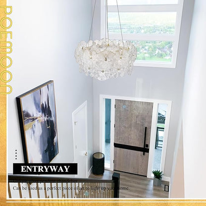 Modern Gold Glass LED Chandelier 20" Elegant Lotus Leaf Dimmable Ceiling Chandeliers with Remote Control Luxury for Foyer Entryway Living Dining Room(3000K-6500K)