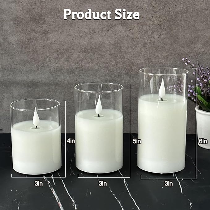 Rechargeable Flameless Glass Pillar Candles–Gifts for Women,–Set of 3, Realistic Flickering LED Light,Remote & Timer, Ideal for Living Room, Bedroom & Festival Wedding Home Party Decor