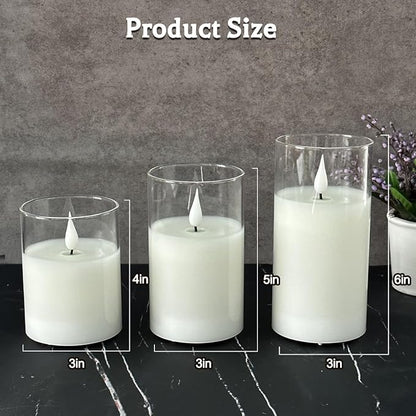Rechargeable Flameless Glass Pillar Candles–Gifts for Women,–Set of 3, Realistic Flickering LED Light,Remote & Timer, Ideal for Living Room, Bedroom & Festival Wedding Home Party Decor