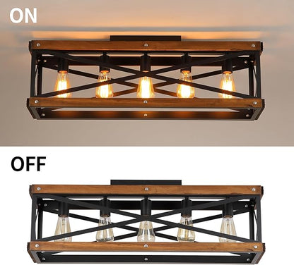 5-Light Large Rustic Farmhouse Wood Flush Mount Ceiling Light Fixture 31.5 inch Oak Wood and Metal Rectangular Track Semi Flush Mount Ceiling Light for Kitchen Living Room Bedroom Indoor, Black