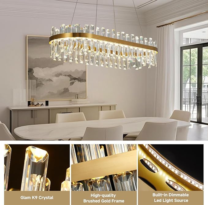 Modern Gold Crystal Led Chandelier: 39.3" Rectangular 3 Color K9 Living Room Dimmable Chandeliers - Luxury Rectangle Linear Crystals Contemporary Oval Light Fixture for Bedroom Entryway with Remote
