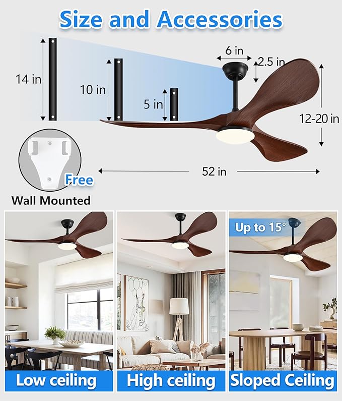 52in Ceiling Fan of 6200+CFM High Airflow with Light and Remote Control,Outdoor/Indoor Ceiling Fan with 3 Blades Noiseless Reversible DC Motor 6 Speeds with 3 CCT and Timer for Living Room Patios