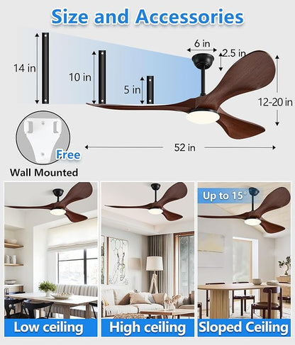 52in Ceiling Fan of 6200+CFM High Airflow with Light and Remote Control,Outdoor/Indoor Ceiling Fan with 3 Blades Noiseless Reversible DC Motor 6 Speeds with 3 CCT and Timer for Living Room Patios