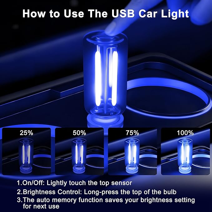 2 Packs USB Light for Car, Touch Dimmable Car Interior Ambient Lights - Portable Mini USB LED Light Bulb, Retro Glass Bottle Night Light for Vehicle, Bedroom, Hallway, Camping (Blue)