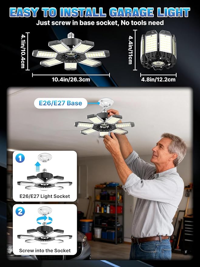 LED Garage Light 200W, 6 Pack 20000LM 6500K Garage Lights Ceiling Led with 7 Deformable Panels, Screw in E26/E27 Socket Shop Light for Workshop Basement Barn Bay Lighting