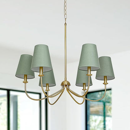 Gold Chandelier, Brushed Brass with Green Fabric Shade, 6-Light 28" Modern Farmhouse Linear Pendant Lighting Fixture for Dining Living Room Kitchen Island Bedroom