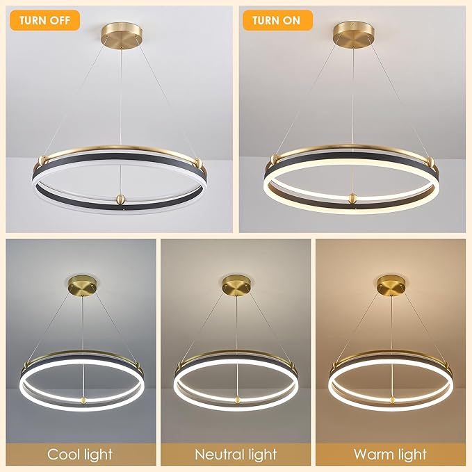 Benkut Modern LED Pendant Light 23.6" Black Gold Dimmable Circular LED Chandelier 1 Ring with Remote, Round Hanging Light for Kitchen Island Dining Room Living Room Foyer Entryway, 2-Ring Lighting