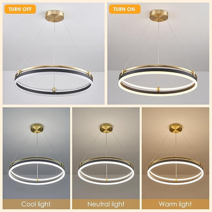 Benkut Modern LED Pendant Light 23.6" Black Gold Dimmable Circular LED Chandelier 1 Ring with Remote, Round Hanging Light for Kitchen Island Dining Room Living Room Foyer Entryway, 2-Ring Lighting