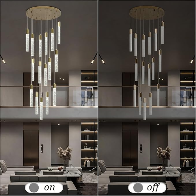 16 Lights Modern High Ceiling Crystal Chandelier, Gold Bubble Light Adjustable Height LED Chandeliers Ceiling Pendant Light Fixture for Living Room, Entryway, Staircase