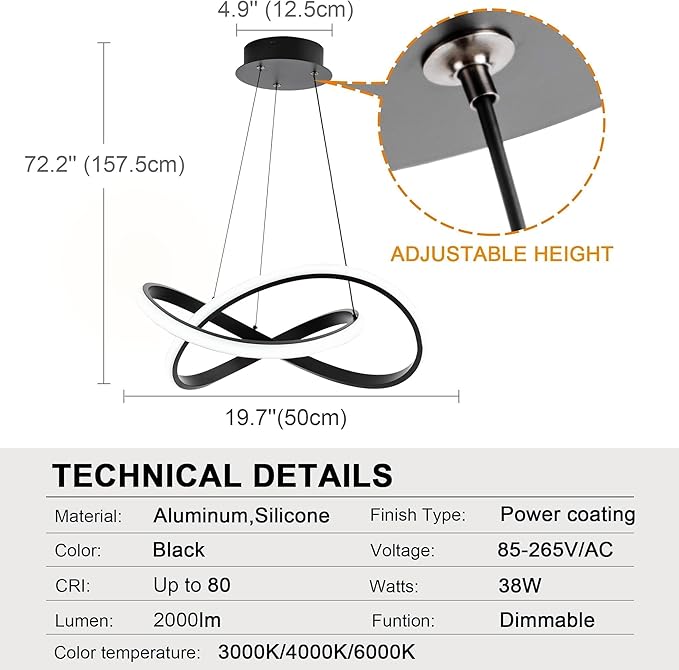 MAYNA Modern Chandelier with Remote Control, Dimmable LED Chandelier with 3 Color Temperature, Adjustable LED Pendant Light for Dining Room Kitchen Living Room Entryway, Black 19.7 inch
