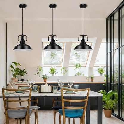Industrial Farmhouse Pendant Light, 12" Metal Hanging Ceiling Lamp with 5FT Cord for Hallway, Kitchen Island, Sink, Dining Room, Living Room, Bar Counter, Foyer, E26 Socket, Black (Bulb Not Included)
