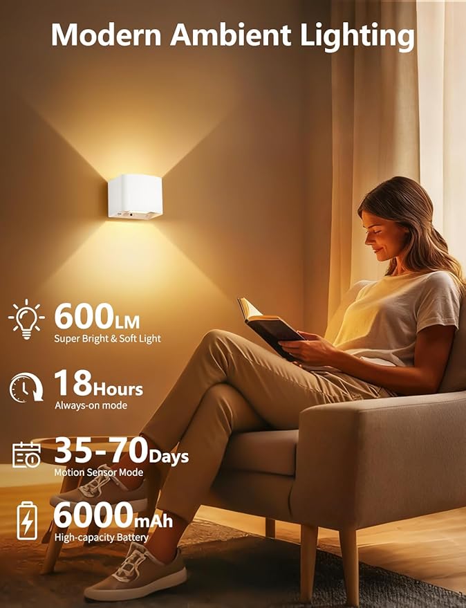 Motion Sensor Wall Light with Remote Control, 5000mAh Rechargeable Battery Powered Wall Lamps, Dimmable 2700-6500K, Adjustable Beam Angle, White Up and Down Wireless Wall Sconce for Indoor, 4-Pack